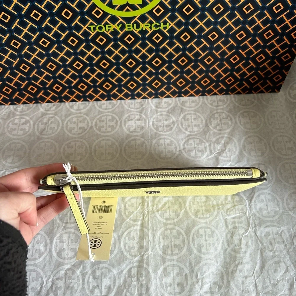 Tory Burch Blake Color Block Slim Envelope Wallet Pastel Yellow Pinefrost Silver